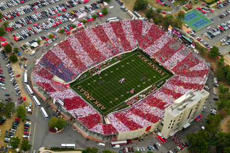 At the Arkansas-New Mexico game at War Memorial Stadium in Little Rock, alternating sections of fans wore red or white T-shirts while the student sections wore blue as a tribute to those who died during the Sept. 11 attacks.
